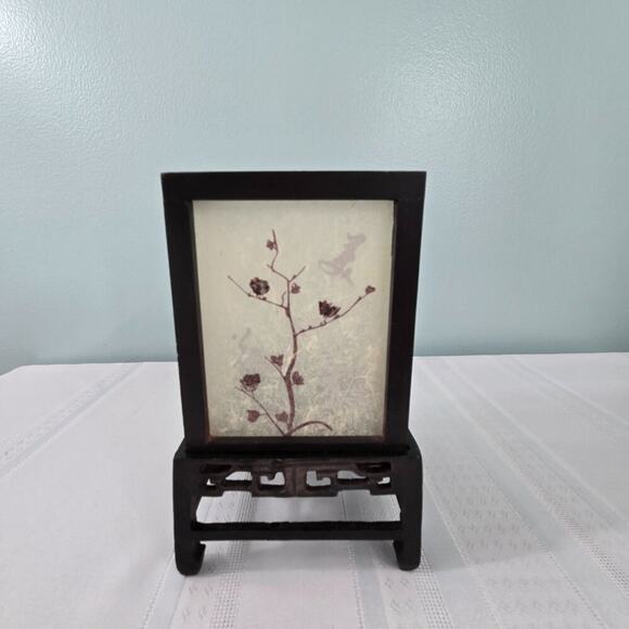 Oriental Style Wooden Frame Tea Candle Holder Frosted Sides Cherry Blossom Print - Picture 1 of 10
